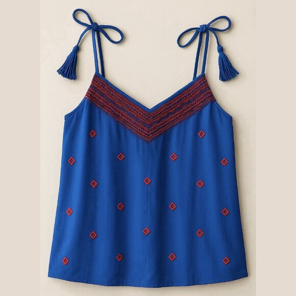 Skies Are Blue Embroidered Sleeveless Top Tassel Tie - Picture 1 of 9